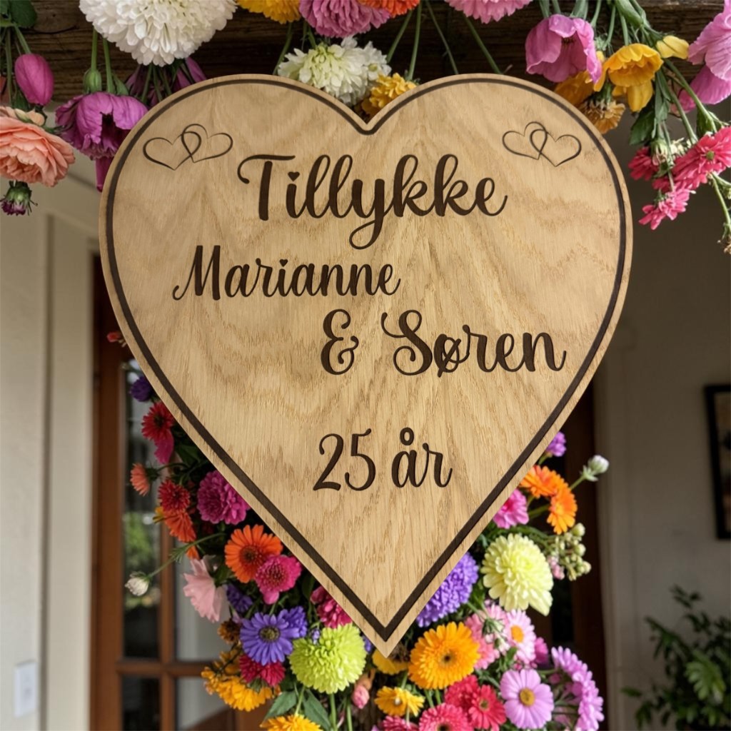 Æresportskilt hjerte i egetræ med Tillykke