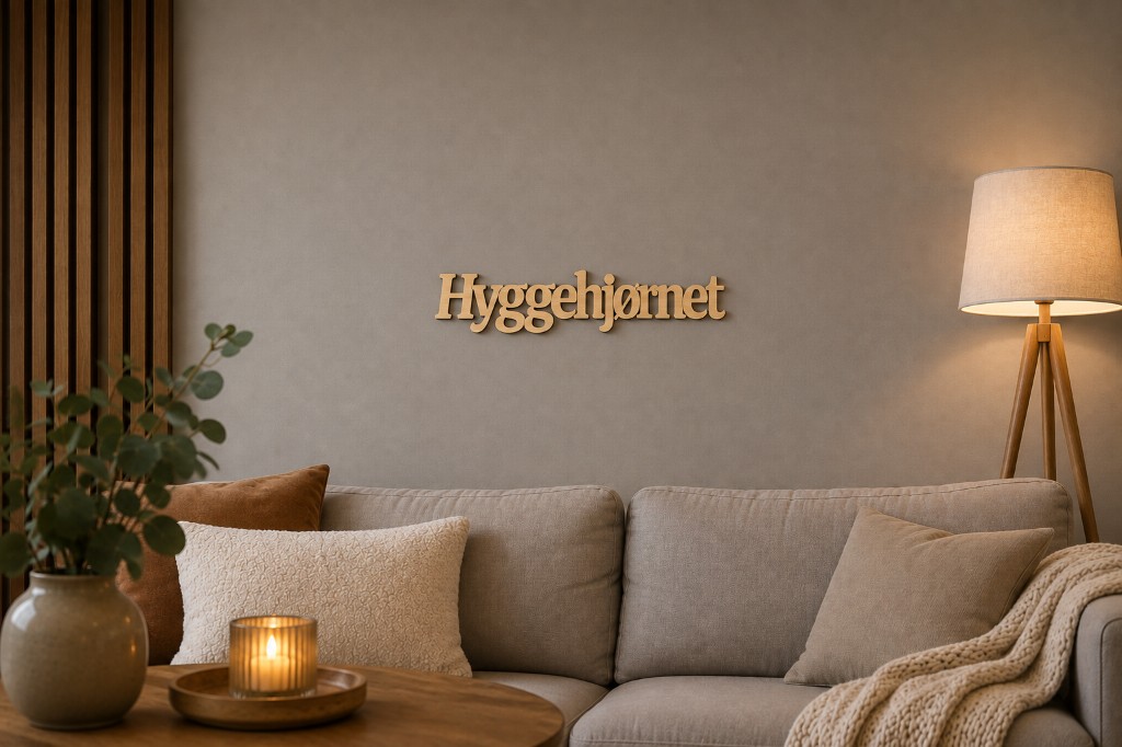 Hyggehjørnet skilt på væg over sofa