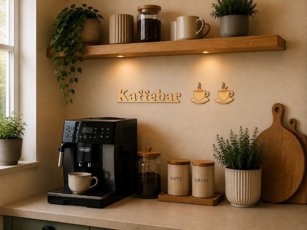 Kaffebar-skilt i birkefiner i køkken