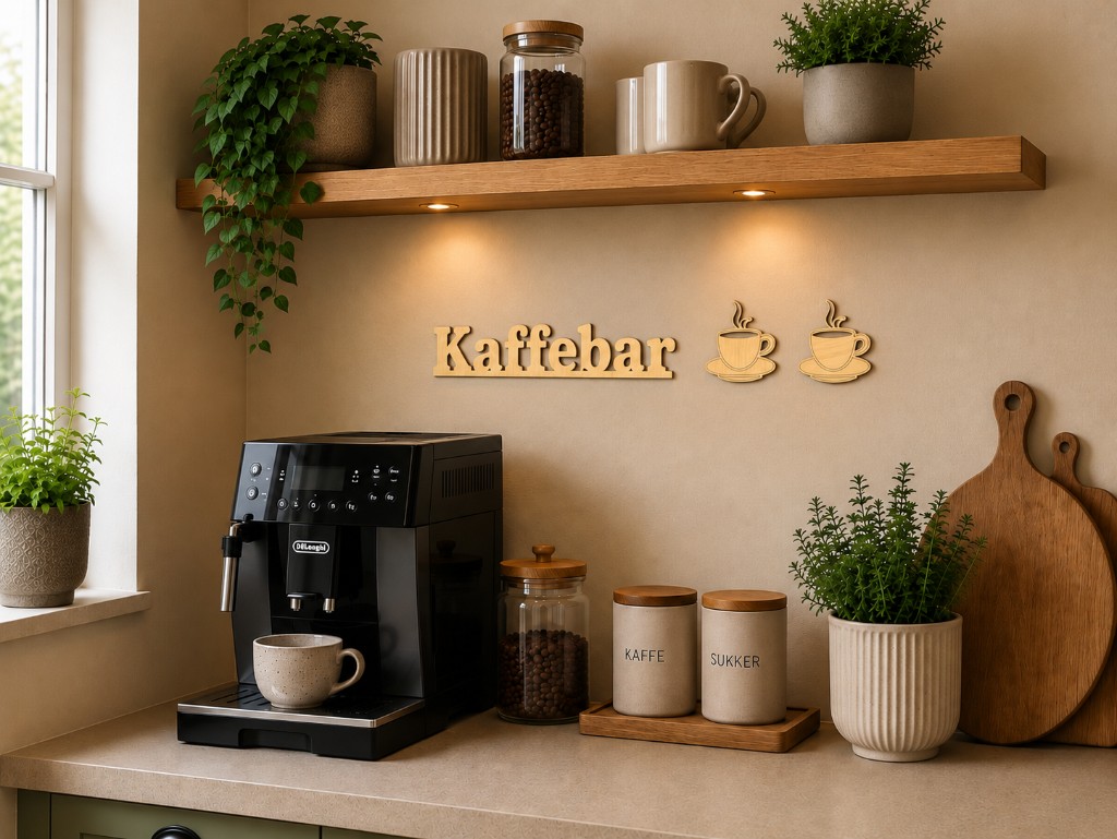Kaffebar-skilt i egetræ finer i køkken