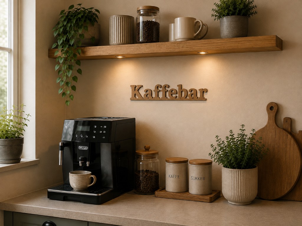 Kaffebar-skilt i mørktbejdset finer i køkken