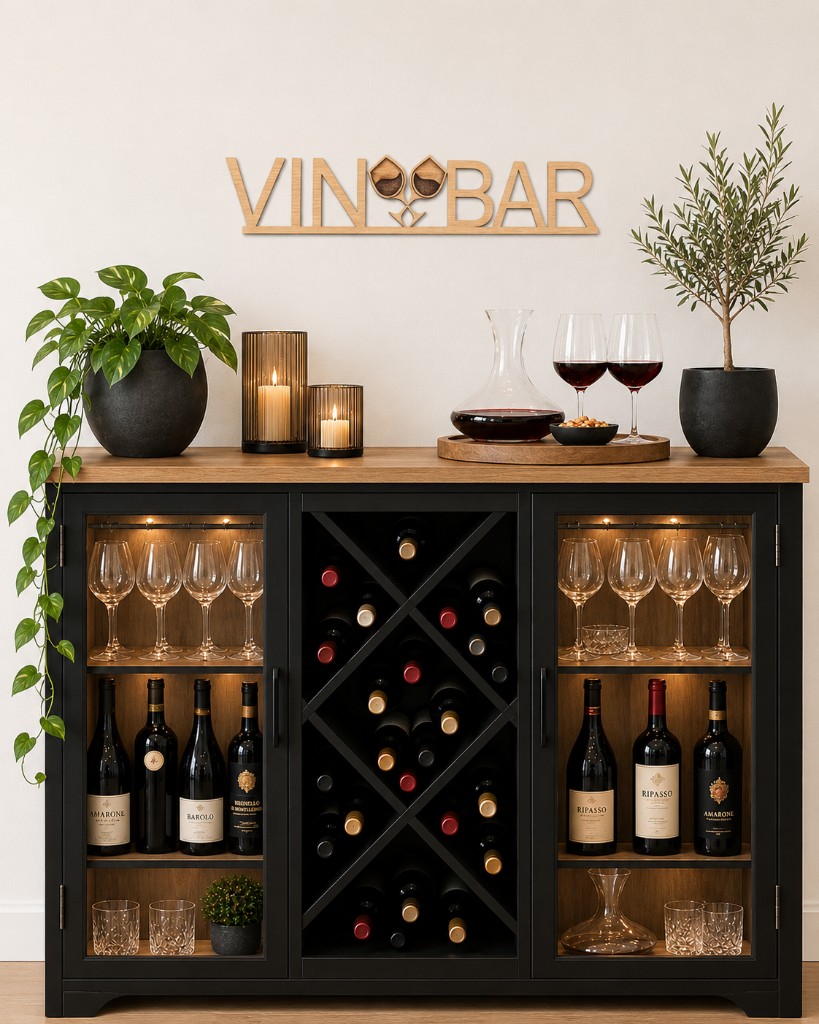 Vin bar skilt i egetræfiner over vinskab