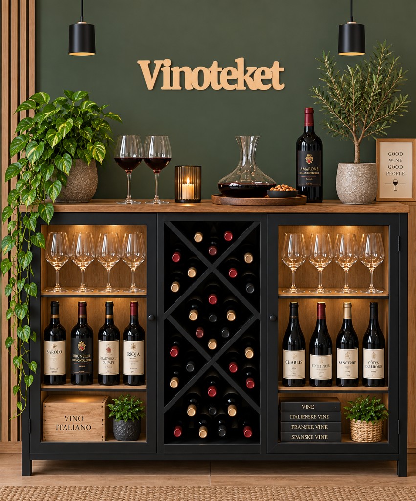 Vinoteket skilt i birkefiner over vinskab